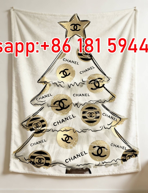 Chanel Gold & White CC Logo Christmas Tree Flannel Sofa Throw Blanket IMG_6912